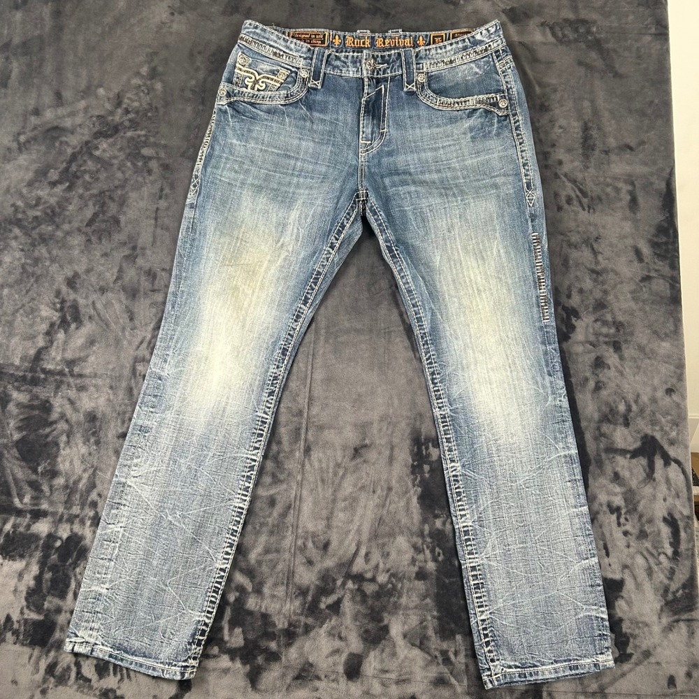 Rock Revival Steven Straight Jeans Mens 36 Blue Distressed Fleur De Lis 4163